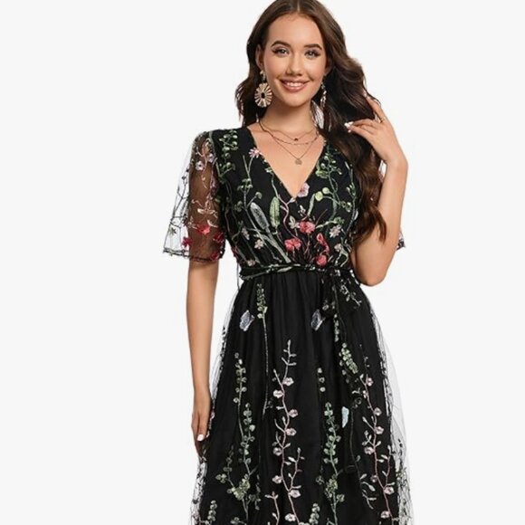 Floral Embroidered Tulle Midi Dress - Picture 2 of 6